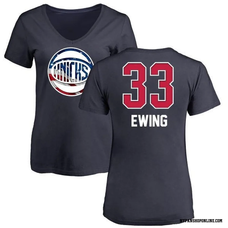 Navy Women's Patrick Ewing New York Knicks Name and Number Banner Wave V-Neck T-Shirt